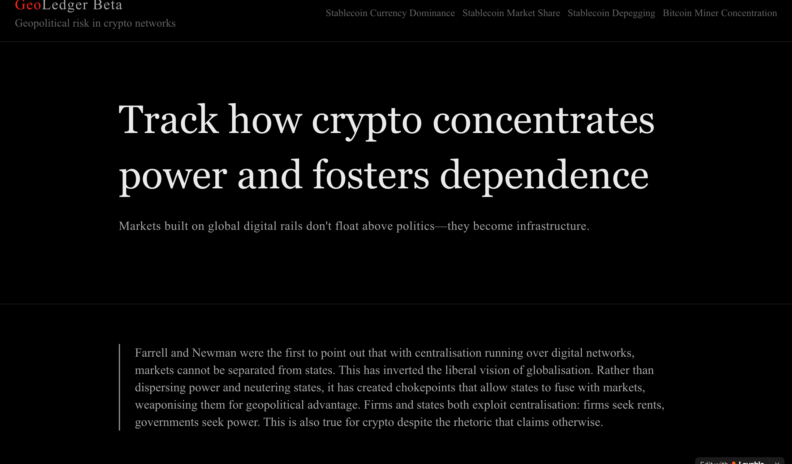 GeoLedger — track how crypto concentrates power and fosters dependence